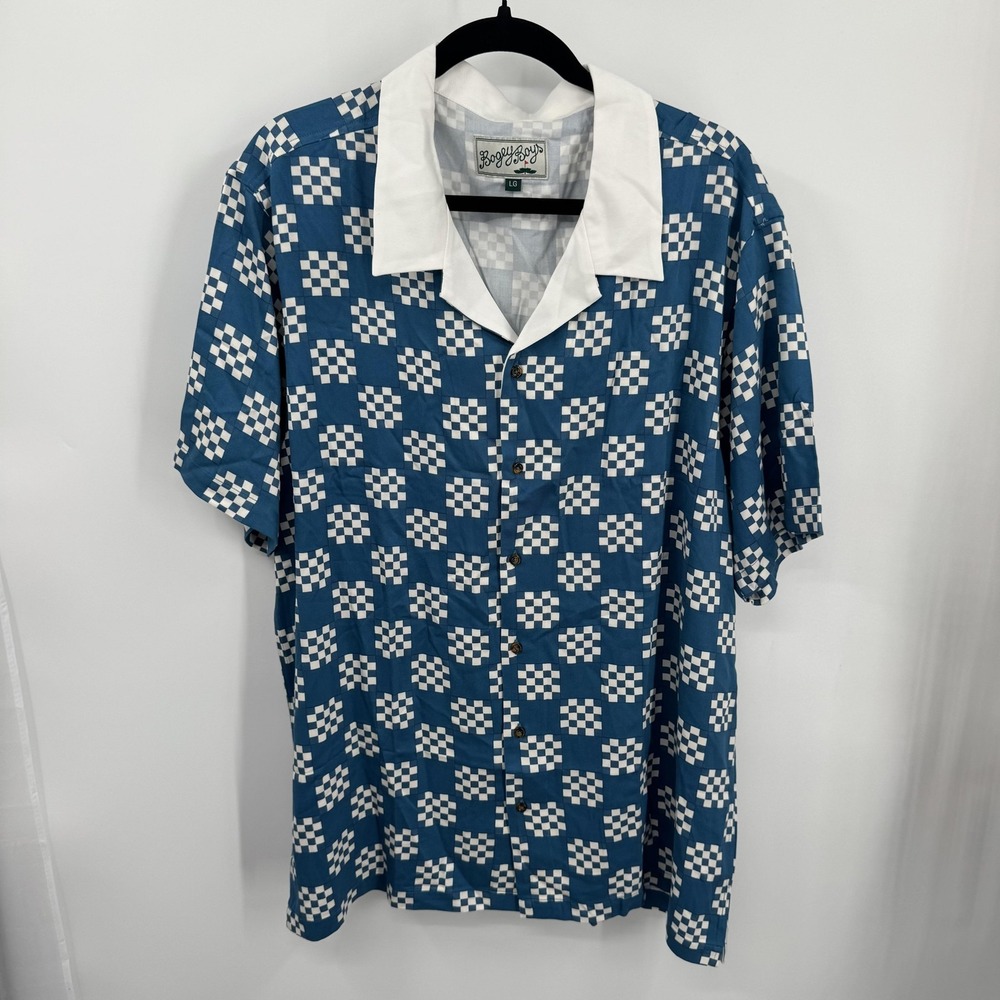 Bogey Boys Shirt Mens L Macklemore Blue‎ Checkered Camp Collar Golf Casual Retro